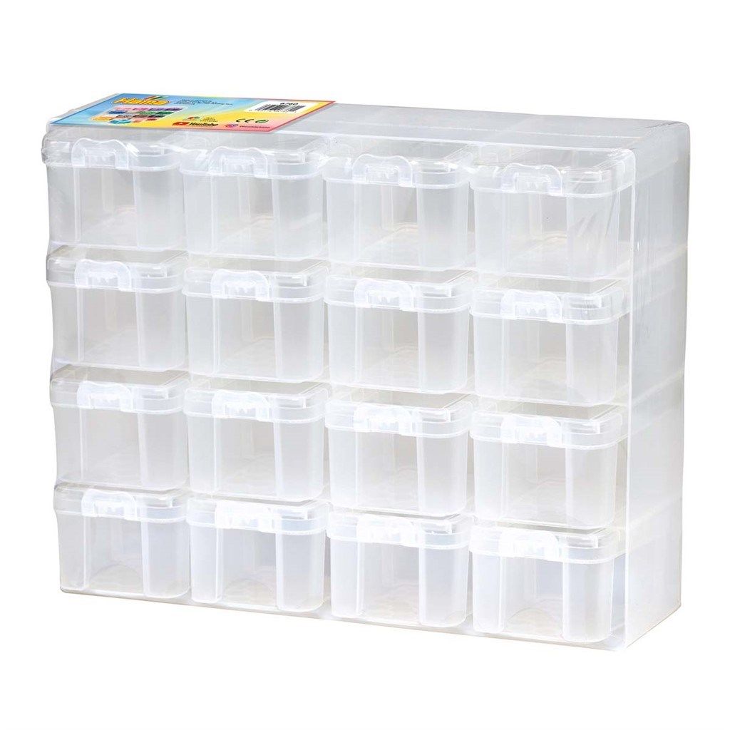 Oppbevaringsboks for perler med 16 skuffer